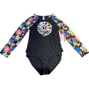 Justice Girls Size XL 16/18 2 piece Rashguard Long Sleeve Floral Sleeves Black M